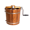 Handcrafted wooden ice cream freezer with metal bands and a sturdy hand crank, made in USA; ideal for Kitchen & Food, Specialty Equipment, Making Ice Cream, and USA Made collections.