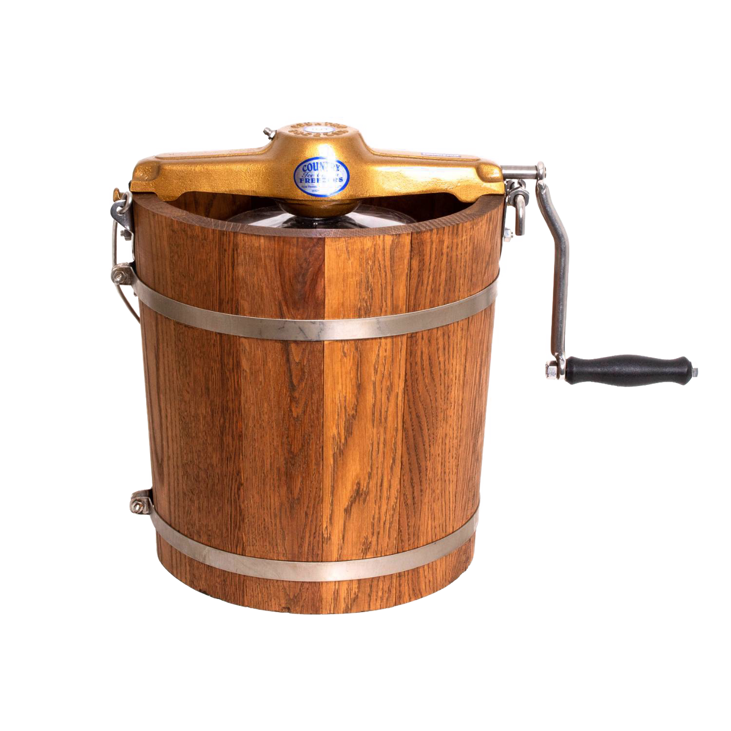 Handcrafted wooden ice cream freezer with metal bands and a sturdy hand crank, made in USA; ideal for Kitchen & Food, Specialty Equipment, Making Ice Cream, and USA Made collections.