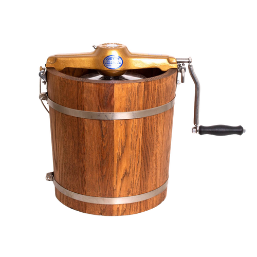 Handcrafted wooden ice cream freezer with metal bands and a sturdy hand crank, made in USA; ideal for Kitchen & Food, Specialty Equipment, Making Ice Cream, and USA Made collections.