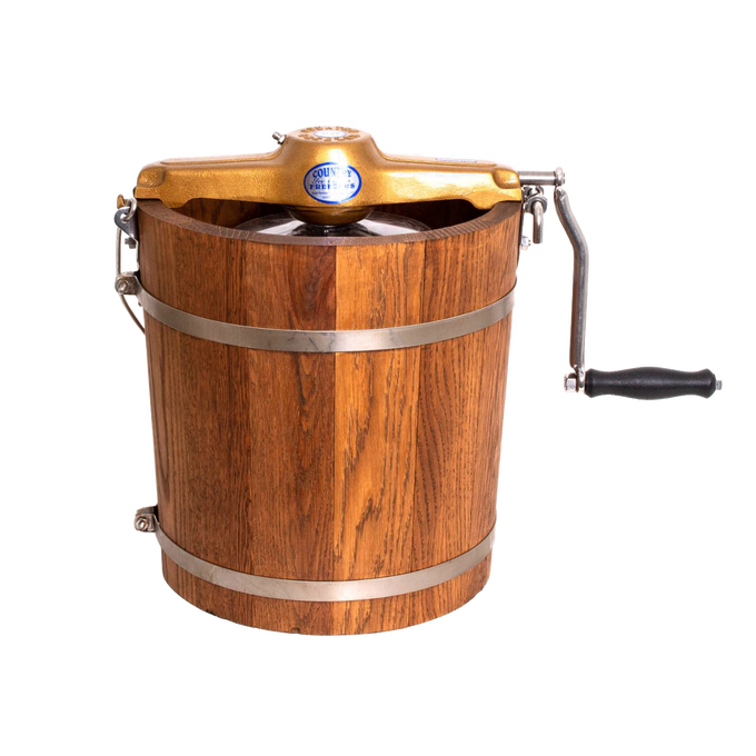 Handcrafted wooden ice cream freezer with metal bands and a sturdy hand crank, made in USA; ideal for Kitchen & Food, Specialty Equipment, Making Ice Cream, and USA Made collections.