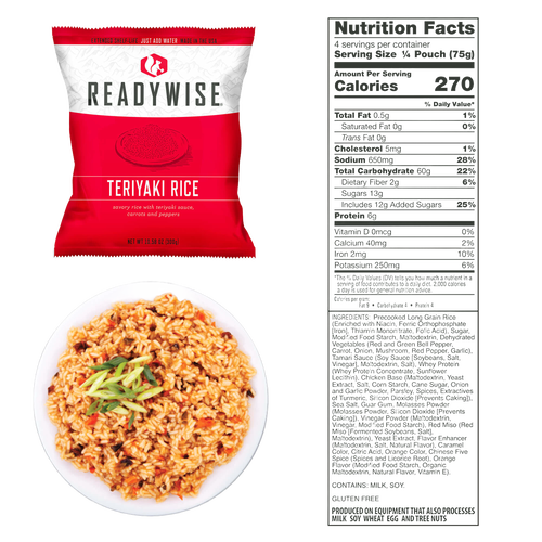 Red and white package of ReadyWise teriyaki rice with savory sauce, carrots, and peppers, shown with a plated serving and nutrition facts, featured in Emergency Supplies and Pantry collections.