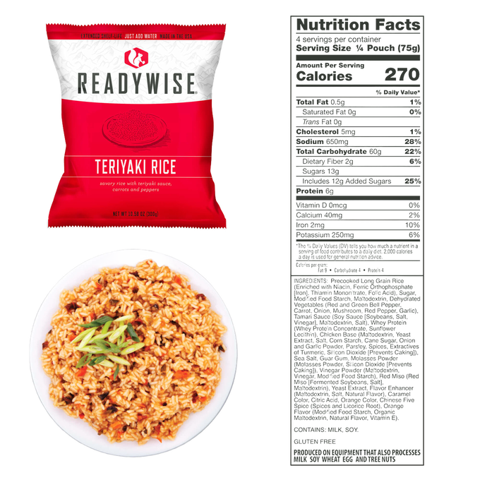 Red and white package of ReadyWise teriyaki rice with savory sauce, carrots, and peppers, shown with a plated serving and nutrition facts, featured in Emergency Supplies and Pantry collections.