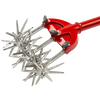 Close-up of rust-proof serrated metal tines with red comfort-grip handle on garden cultivator tool, designed for loosening hard soil and uprooting weeds, featured in Farm, Garden & Tool collections.