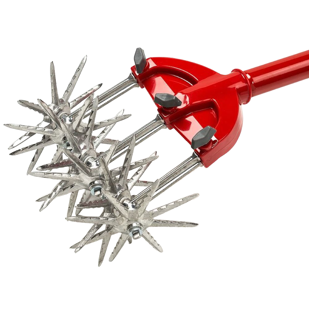 Close-up of rust-proof serrated metal tines with red comfort-grip handle on garden cultivator tool, designed for loosening hard soil and uprooting weeds, featured in Farm, Garden & Tool collections.