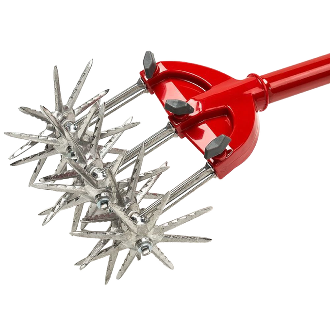 Close-up of rust-proof serrated metal tines with red comfort-grip handle on garden cultivator tool, designed for loosening hard soil and uprooting weeds, featured in Farm, Garden & Tool collections.