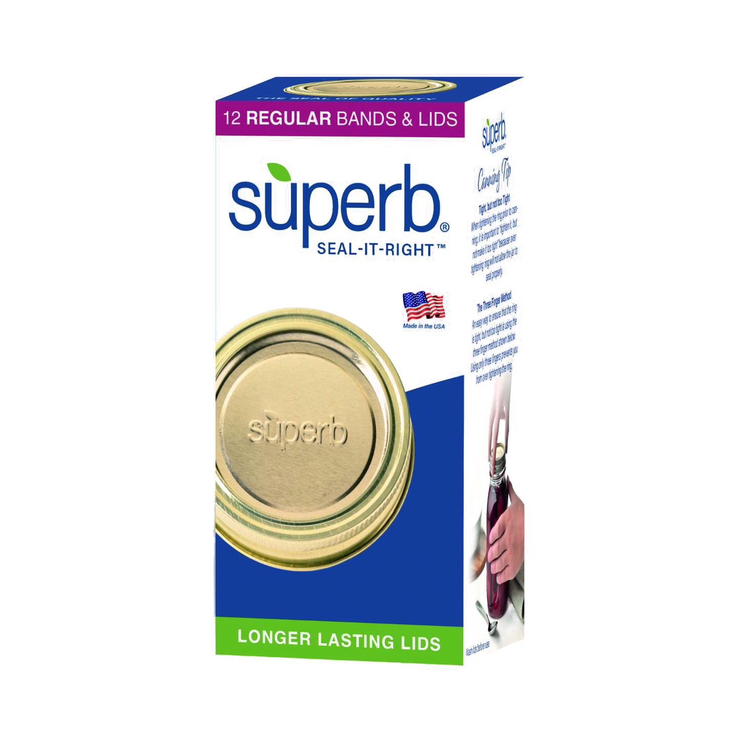 Box of twelve gold-tone regular mouth canning jar lids and bands with embossed branding, crafted for durable sealing in food preservation and kitchen collections, made in USA.
