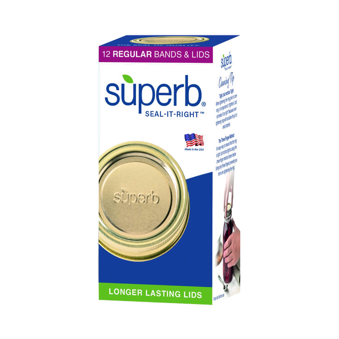 Box of twelve gold-tone regular mouth canning jar lids and bands with embossed branding, crafted for durable sealing in food preservation and kitchen collections, made in USA.