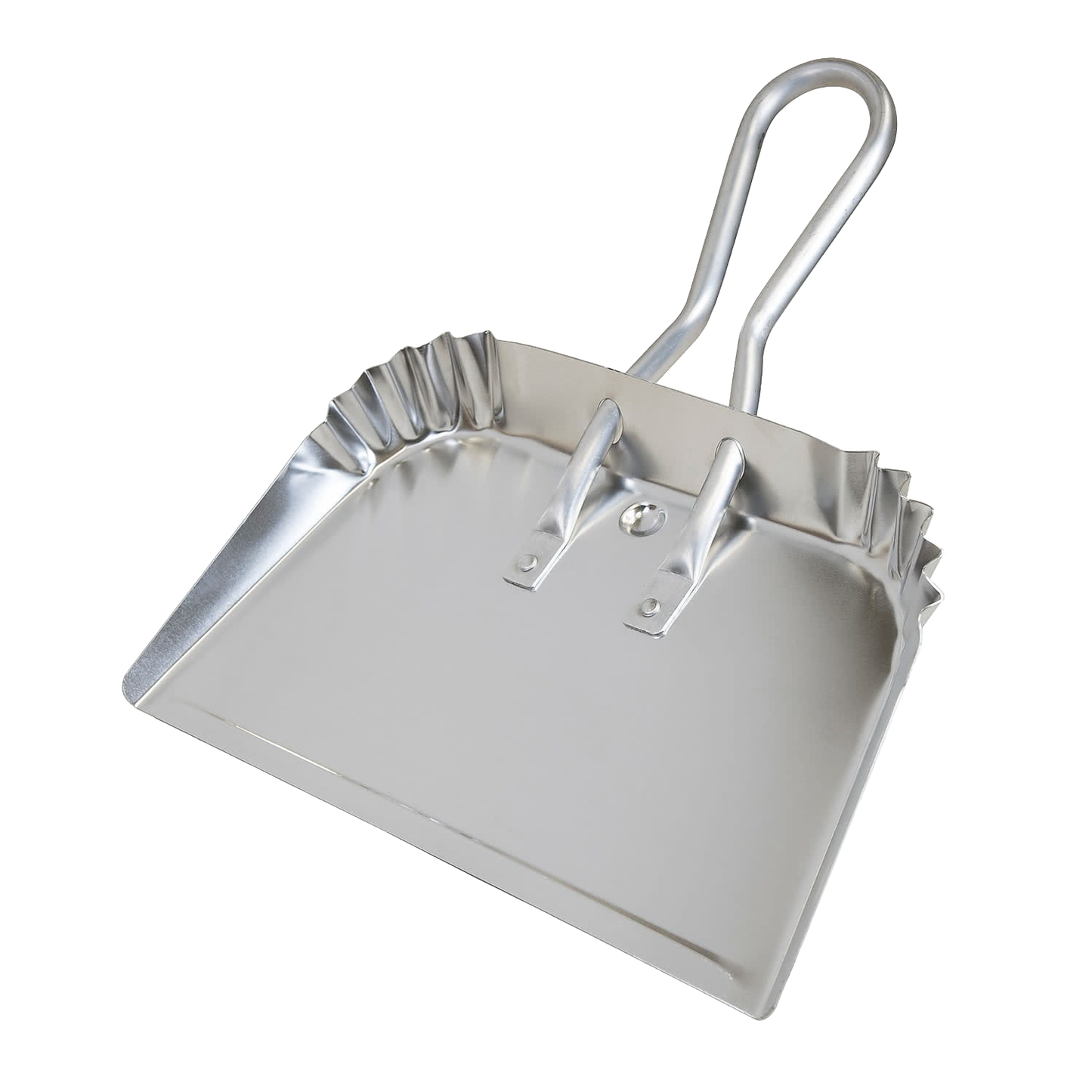 Large dustpan crafted from rust-resistant aluminum with reinforced edges, featuring a looped handle and hanging hole; ideal for Home & Decor, Household Cleaning, and USA Made collections.