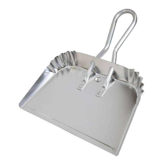 Large dustpan crafted from rust-resistant aluminum with reinforced edges, featuring a looped handle and hanging hole; ideal for Home & Decor, Household Cleaning, and USA Made collections.