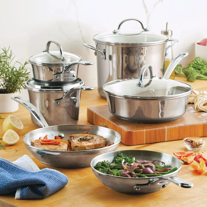 Ten-piece stainless steel cookware set with glass lids, including saucepans, stockpot, and frying pans, featuring durable construction with encapsulated aluminum cores, ideal for Kitchen & Food, Cookware, and Pots and Pans collections.