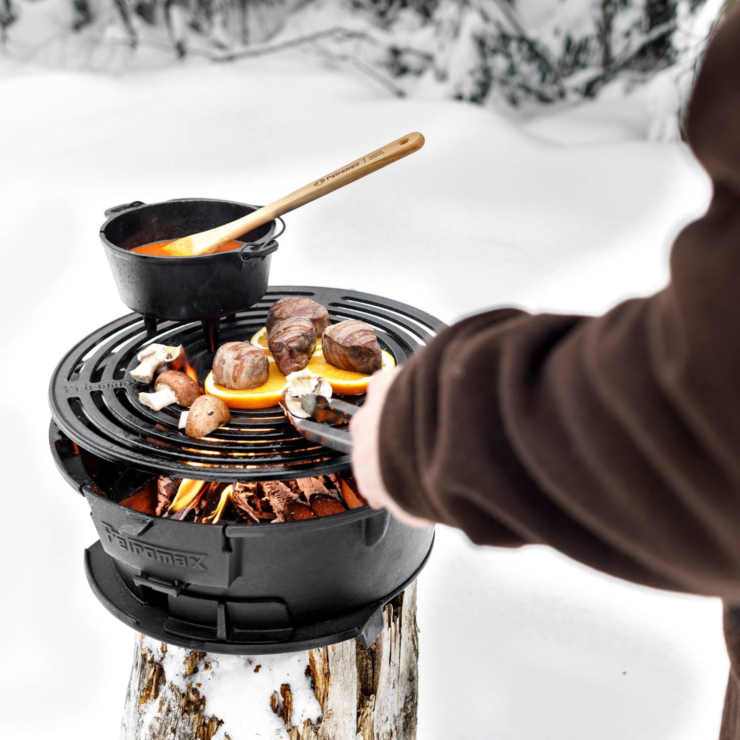 Cast iron fire grill with adjustable grate cooking steaks, mushrooms, and a pot over an open flame in winter setting, ideal for camping, grilling, and farm tool collections.