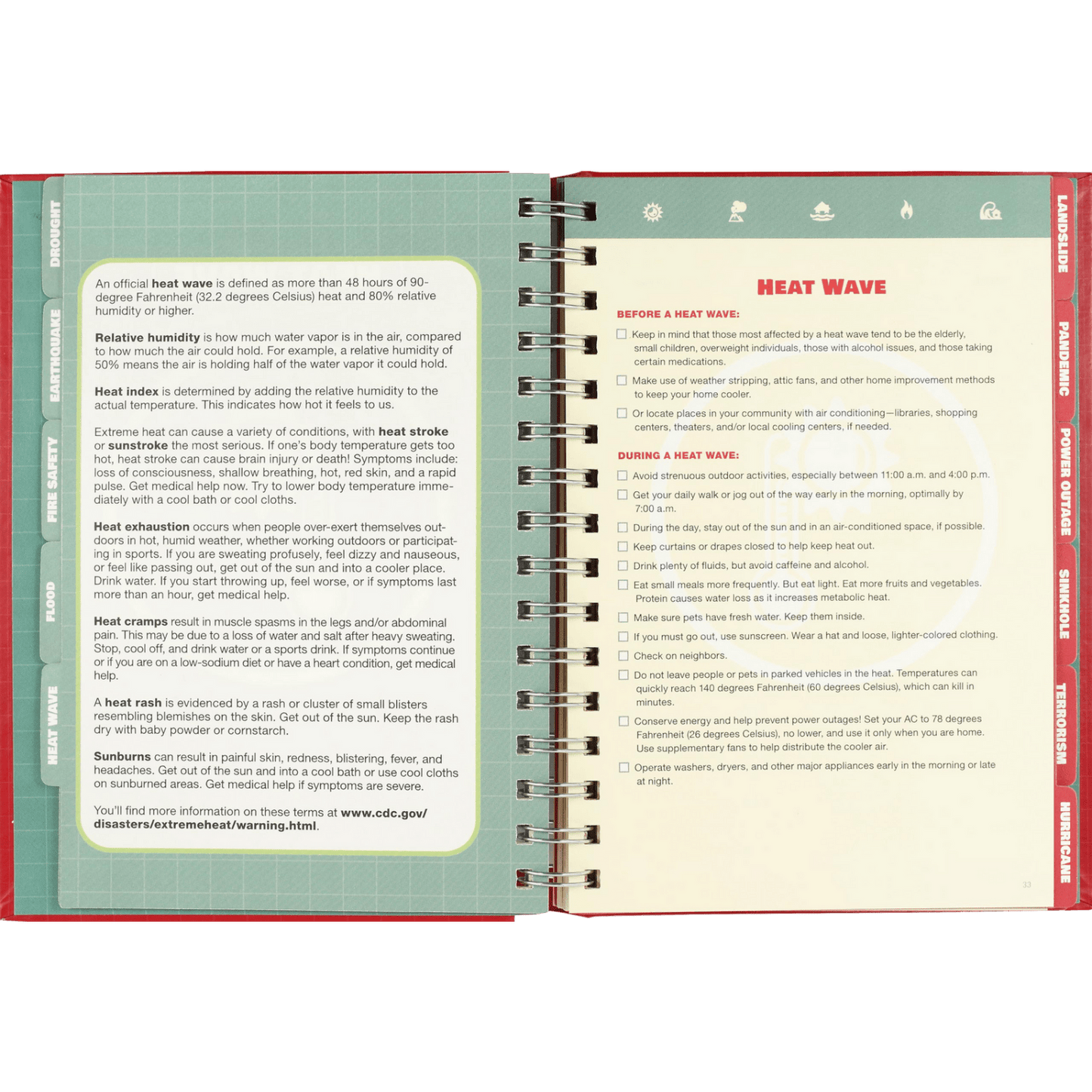 Open spiral-bound emergency preparedness logbook showing guidance on heat wave safety with tips on hydration, sun exposure, and symptoms, ideal for Farm, Garden & Tool and Home and Garden How-To Books collections.