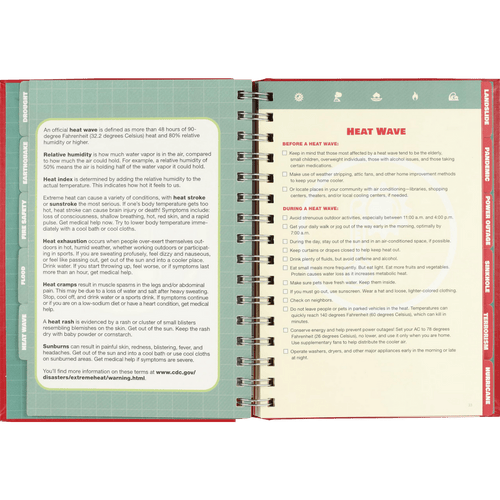 Open spiral-bound emergency preparedness logbook showing guidance on heat wave safety with tips on hydration, sun exposure, and symptoms, ideal for Farm, Garden & Tool and Home and Garden How-To Books collections.