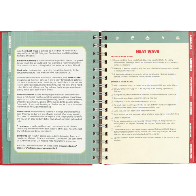 Open spiral-bound emergency preparedness logbook showing guidance on heat wave safety with tips on hydration, sun exposure, and symptoms, ideal for Farm, Garden & Tool and Home and Garden How-To Books collections.
