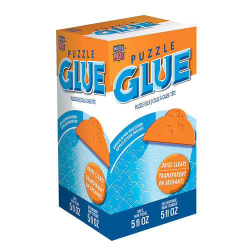 Colorful packaging of puzzle glue with clear drying formula and included applicator, designed for preserving assembled puzzles, featured in Toys, Books & Games and Puzzles collections.