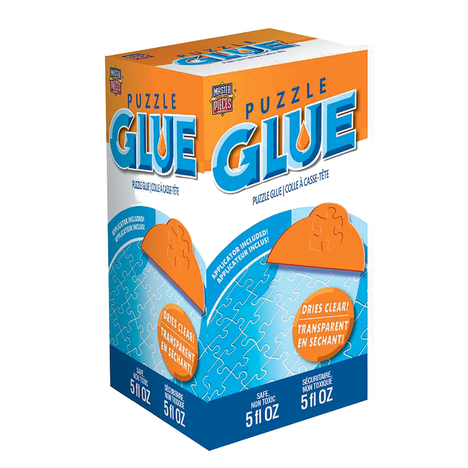 Colorful packaging of puzzle glue with clear drying formula and included applicator, designed for preserving assembled puzzles, featured in Toys, Books & Games and Puzzles collections.