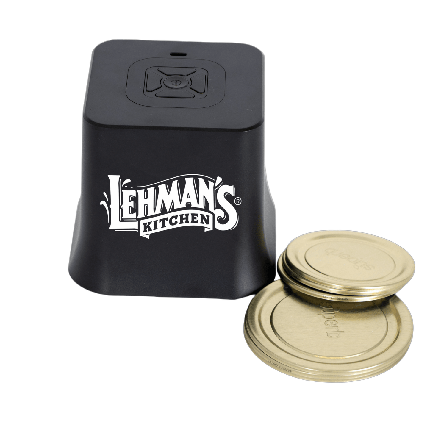 Compact cordless vacuum sealer in black with gold-toned mason jar lids, designed for preserving food freshness, featured in Kitchen & Food, Kitchen Gadgets, and Storage collections.