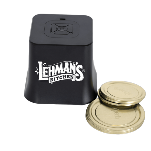 Compact cordless vacuum sealer in black with gold-toned mason jar lids, designed for preserving food freshness, featured in Kitchen & Food, Kitchen Gadgets, and Storage collections.
