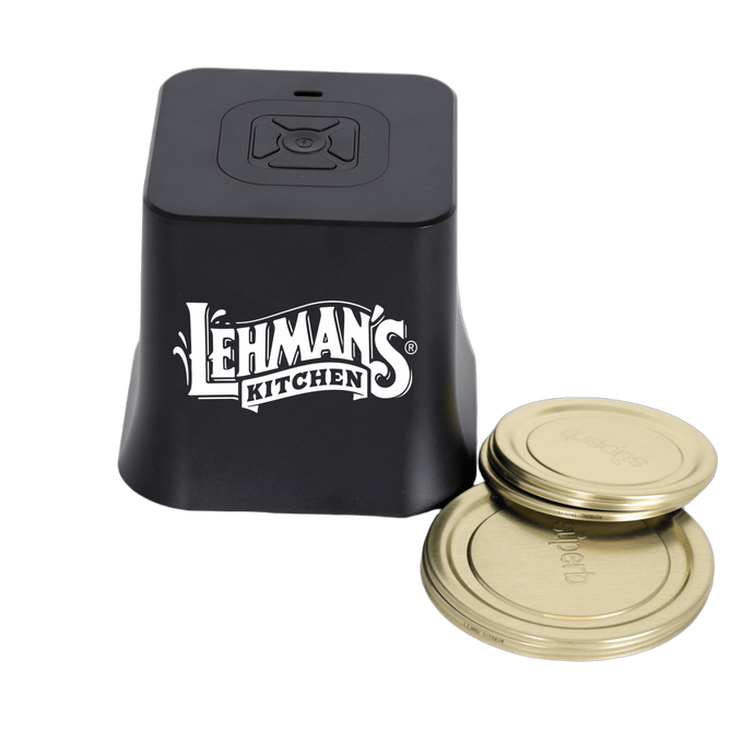 Compact cordless vacuum sealer in black with gold-toned mason jar lids, designed for preserving food freshness, featured in Kitchen & Food, Kitchen Gadgets, and Storage collections.