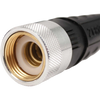 Close-up of a crush-proof metal coupling on a flexible black garden hose designed for easy handling and durability, featured in Farm, Garden & Tool and USA Made collections.
