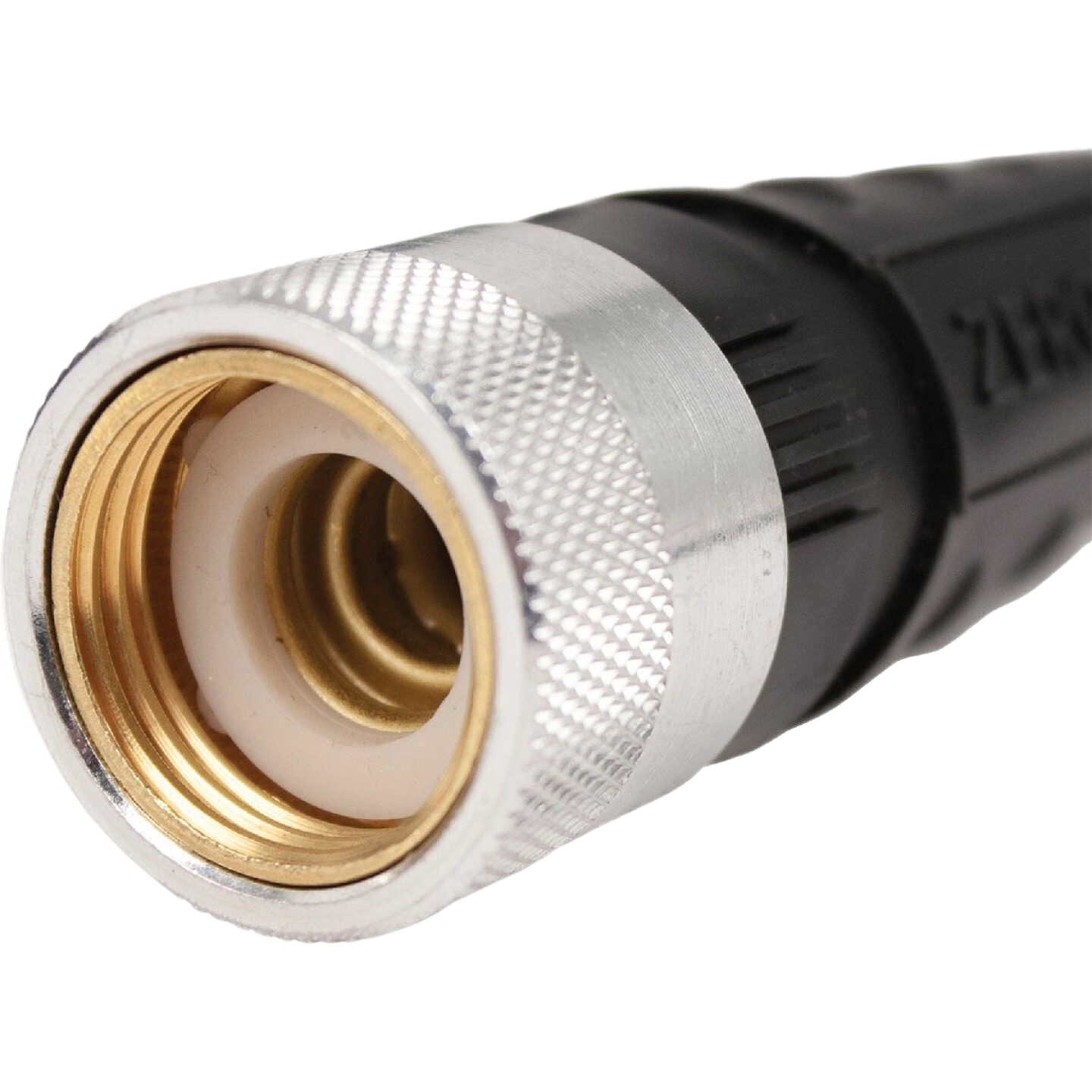 Close-up of a crush-proof metal coupling on a flexible black garden hose designed for easy handling and durability, featured in Farm, Garden & Tool and USA Made collections.