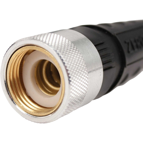 Close-up of a crush-proof metal coupling on a flexible black garden hose designed for easy handling and durability, featured in Farm, Garden & Tool and USA Made collections.