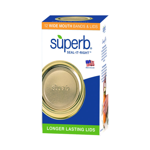 Box of twelve wide-mouth canning jar lids and bands with enhanced sealing adhesive, made in USA, ideal for Kitchen & Food, Food Preservation, and Canning collections.
