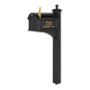 Handcrafted black and gold mailbox with personalized street address on post, designed to enhance curb appeal, made in USA, ideal for Home & Decor and Mailboxes and Address Signs collections.