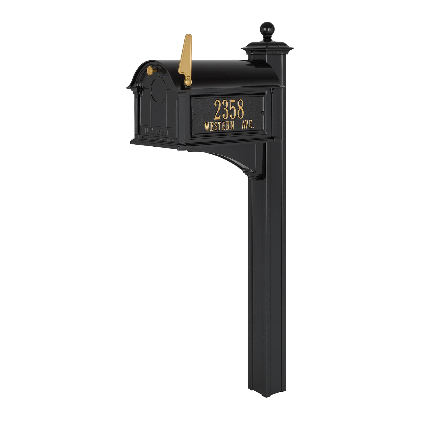 Handcrafted black and gold mailbox with personalized street address on post, designed to enhance curb appeal, made in USA, ideal for Home & Decor and Mailboxes and Address Signs collections.