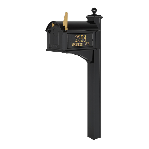 Handcrafted black and gold mailbox with personalized street address on post, designed to enhance curb appeal, made in USA, ideal for Home & Decor and Mailboxes and Address Signs collections.