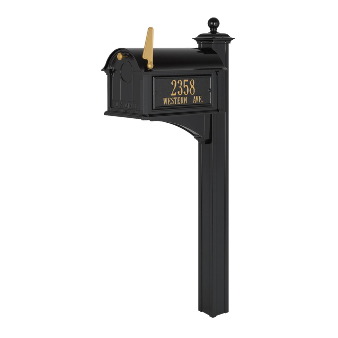 Handcrafted black and gold mailbox with personalized street address on post, designed to enhance curb appeal, made in USA, ideal for Home & Decor and Mailboxes and Address Signs collections.