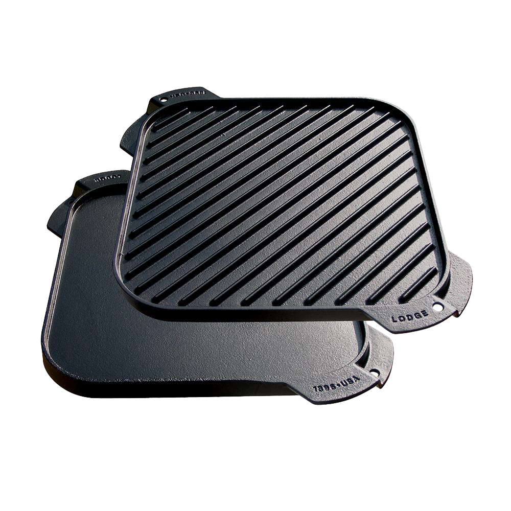 Reversible seasoned cast iron grill and griddle pan with smooth and ribbed surfaces, handcrafted in USA, ideal for Kitchen & Food, Cast Iron, Cookware, and Best Sellers collections.