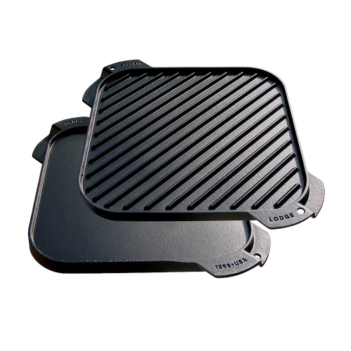 Reversible seasoned cast iron grill and griddle pan with smooth and ribbed surfaces, handcrafted in USA, ideal for Kitchen & Food, Cast Iron, Cookware, and Best Sellers collections.