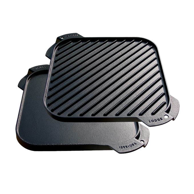 Reversible seasoned cast iron grill and griddle pan with smooth and ribbed surfaces, handcrafted in USA, ideal for Kitchen & Food, Cast Iron, Cookware, and Best Sellers collections.