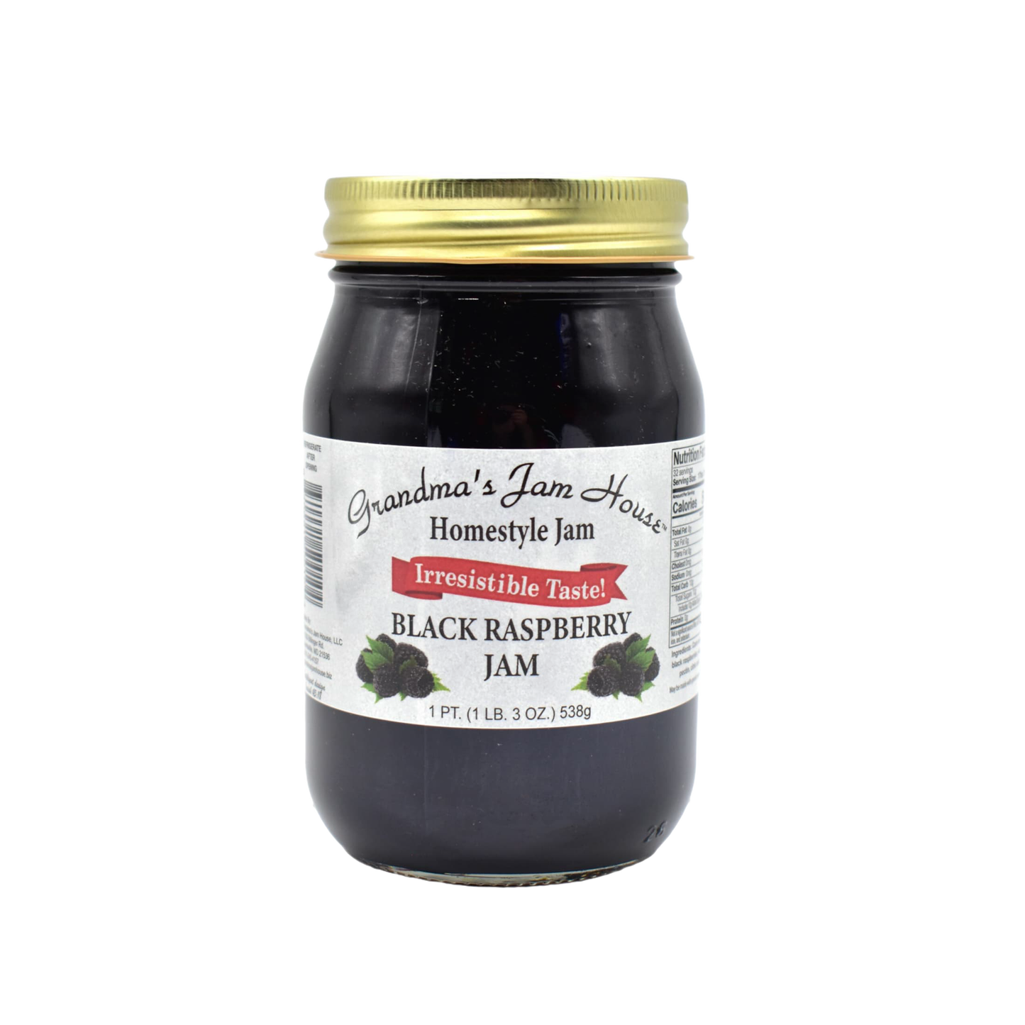 Handcrafted jar of black raspberry jam with gold lid and white label featuring raspberry illustrations and "Irresistible Taste" banner, made in USA, ideal for Kitchen & Food, Pantry, Peanut Butter & Jellies, Best Sellers, and Promo Eligible collections.
