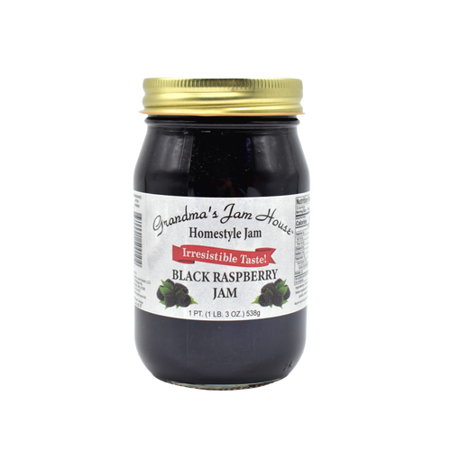 Handcrafted jar of black raspberry jam with gold lid and white label featuring raspberry illustrations and "Irresistible Taste" banner, made in USA, ideal for Kitchen & Food, Pantry, Peanut Butter & Jellies, Best Sellers, and Promo Eligible collections.