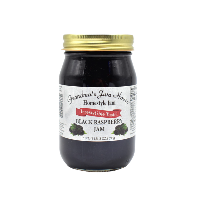Handcrafted jar of black raspberry jam with gold lid and white label featuring raspberry illustrations and "Irresistible Taste" banner, made in USA, ideal for Kitchen & Food, Pantry, Peanut Butter & Jellies, Best Sellers, and Promo Eligible collections.
