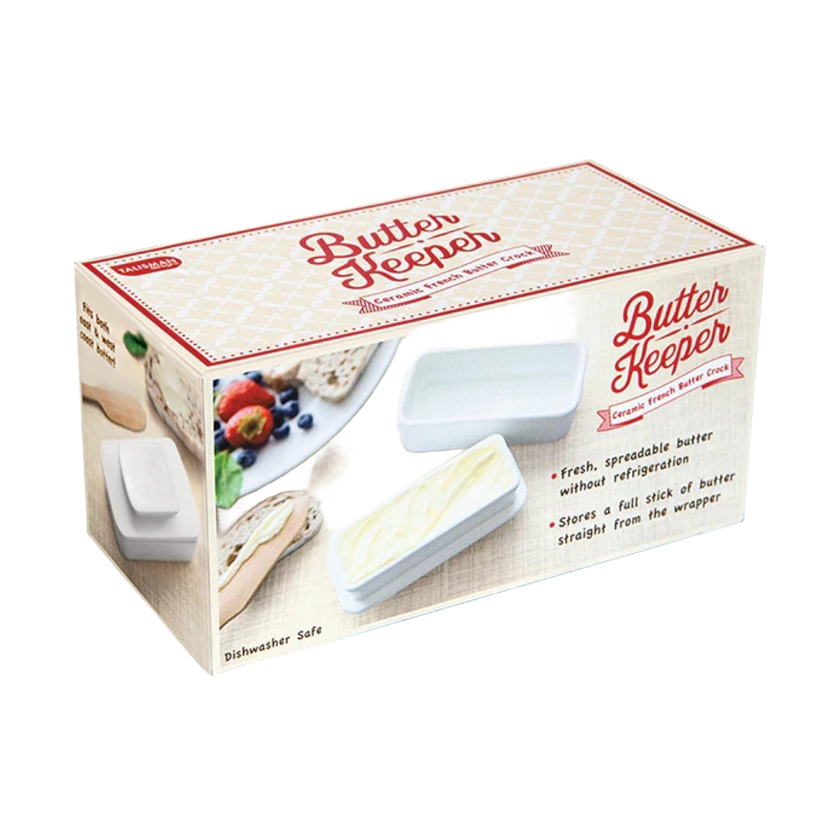 Rectangular ceramic butter keeper with fitted lid for storing a full stick of fresh, spreadable butter without refrigeration, featured in Kitchen & Food and Specialty Equipment collections.
