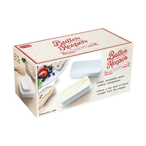 Rectangular ceramic butter keeper with fitted lid for storing a full stick of fresh, spreadable butter without refrigeration, featured in Kitchen & Food and Specialty Equipment collections.