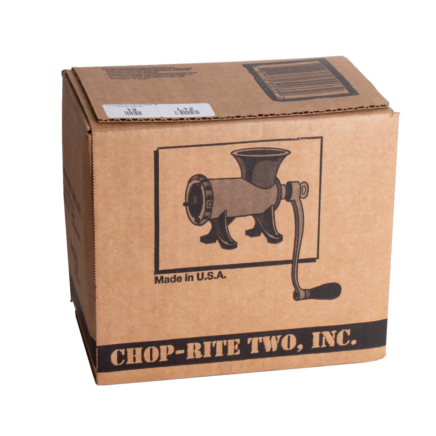 Brown cardboard box packaging featuring a printed vintage-style illustration of a hand-crank meat grinder with a sturdy handle, labeled "Made in U.S.A." and "Chop-Rite Two, Inc.", ideal for Kitchen & Food, Specialty Equipment, Butchering Supplies, USA Made, Best Sellers, and Promo Eligible collections.