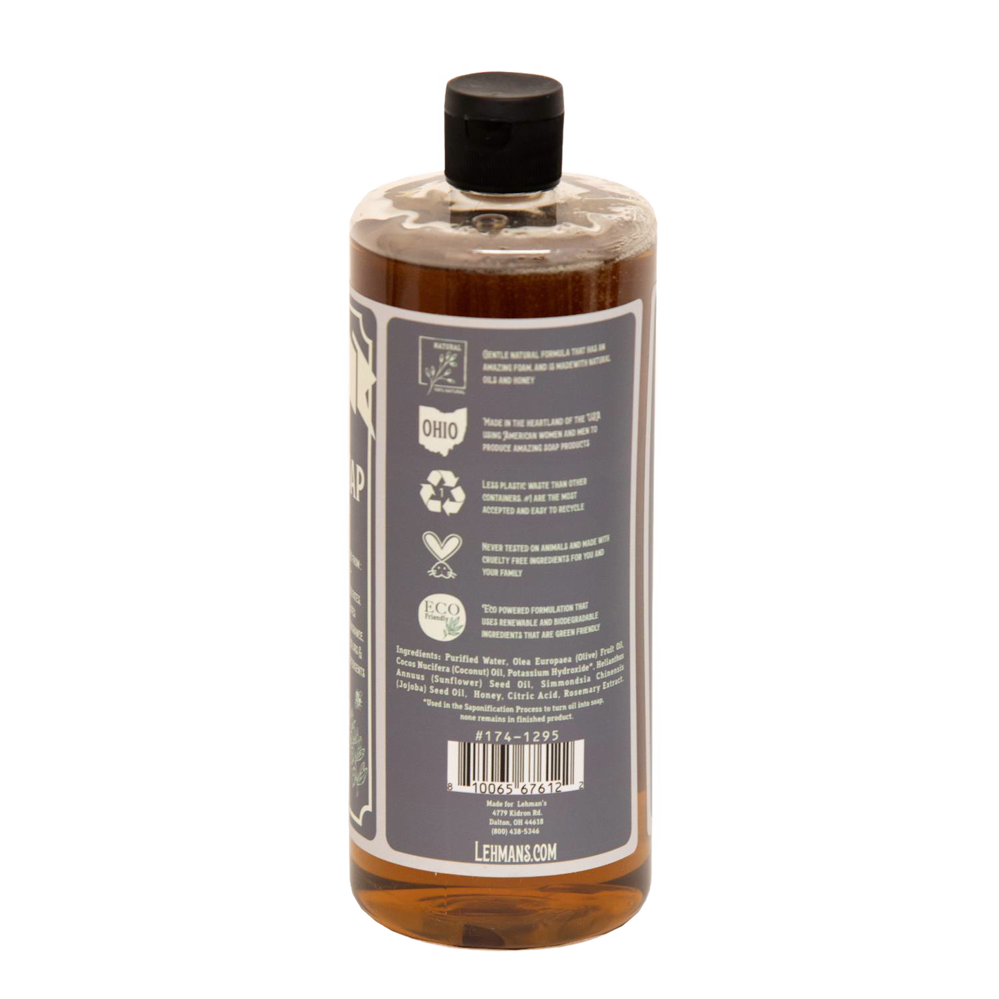 Clear amber bottle of Lehman's handcrafted concentrated castile liquid soap with eco-friendly icons and ingredient details, highlighting USA-made natural soap for Health & Wellness, Grooming, and Soaps collections.