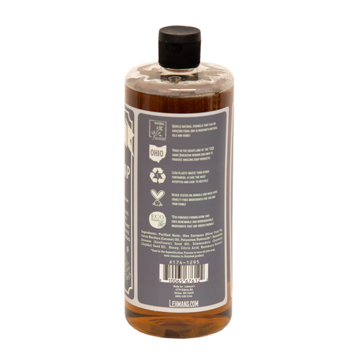 Clear amber bottle of Lehman's handcrafted concentrated castile liquid soap with eco-friendly icons and ingredient details, highlighting USA-made natural soap for Health & Wellness, Grooming, and Soaps collections.