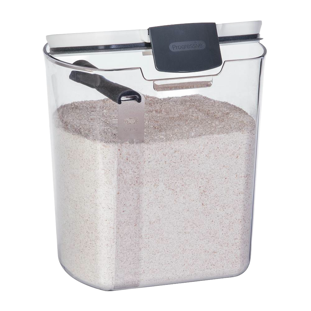 Clear plastic flour storage container with an airtight hinged lid and built-in leveler, designed to keep flour fresh and organized; featured in Kitchen & Food, Storage and Serving, Best Sellers, and Promo Eligible collections.