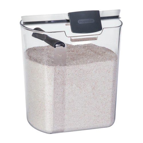 Clear plastic flour storage container with an airtight hinged lid and built-in leveler, designed to keep flour fresh and organized; featured in Kitchen & Food, Storage and Serving, Best Sellers, and Promo Eligible collections.