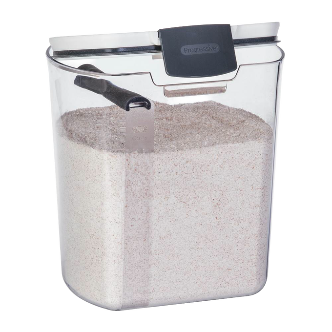 Clear plastic flour storage container with an airtight hinged lid and built-in leveler, designed to keep flour fresh and organized; featured in Kitchen & Food, Storage and Serving, Best Sellers, and Promo Eligible collections.