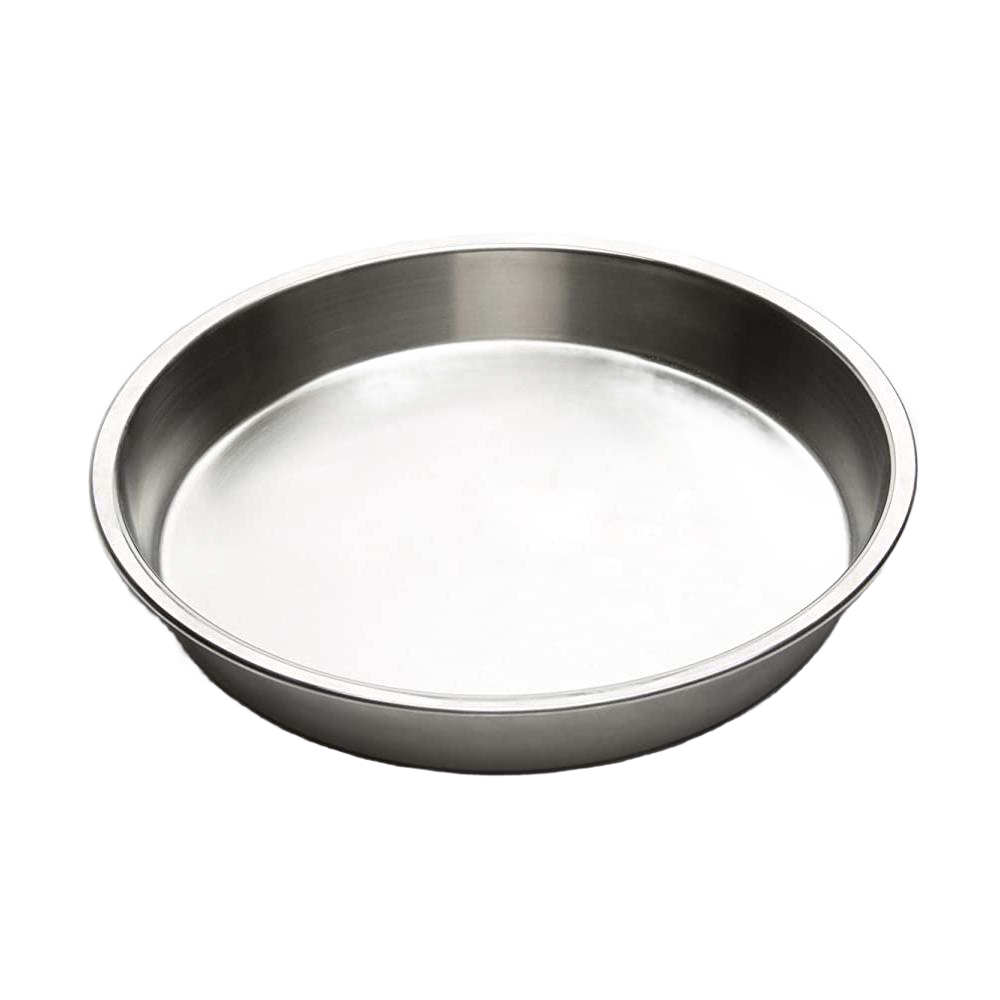 Durable lightweight stainless steel round cake pan with smooth polished surface, designed for even heat transfer and included in baking supplies and cookware collections.