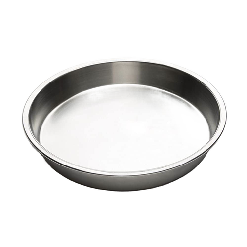 Durable lightweight stainless steel round cake pan with smooth polished surface, designed for even heat transfer and included in baking supplies and cookware collections.