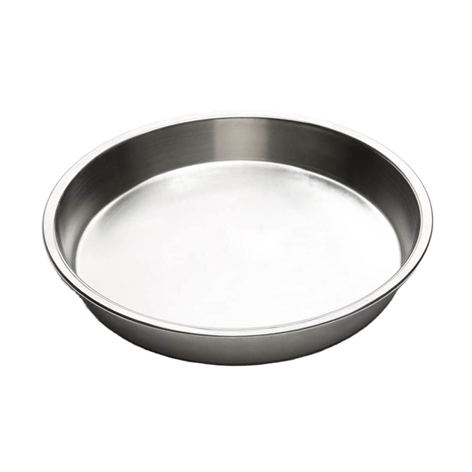 Durable lightweight stainless steel round cake pan with smooth polished surface, designed for even heat transfer and included in baking supplies and cookware collections.