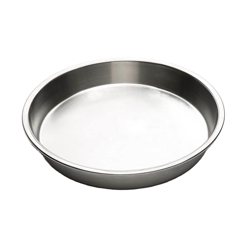 Durable lightweight stainless steel round cake pan with smooth polished surface, designed for even heat transfer and included in baking supplies and cookware collections.