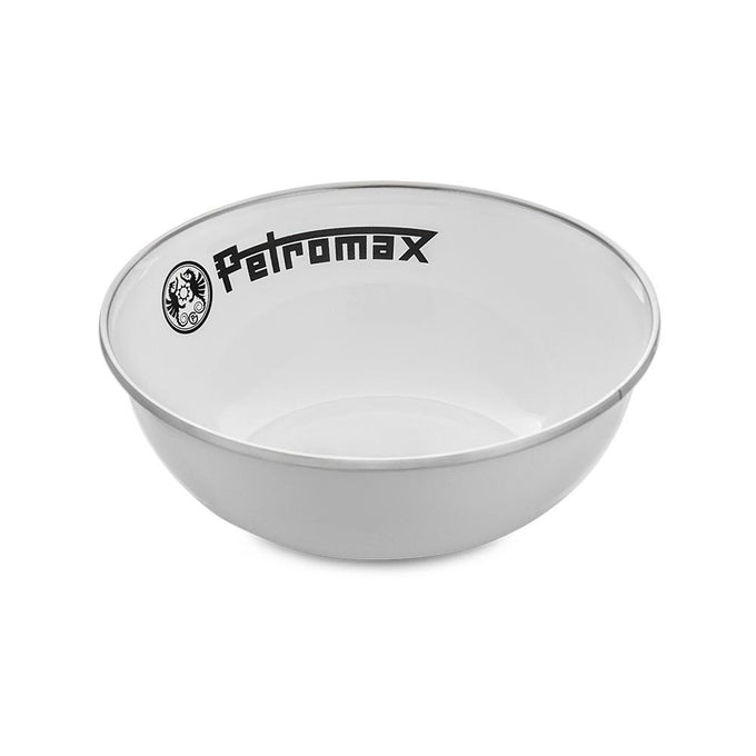 White enamel bowl with a subtle black rim and logo, crafted for corrosion, heat, and scratch resistance, perfect for outdoor dining and camping use in Farm, Garden & Tool and Kitchen & Food collections.